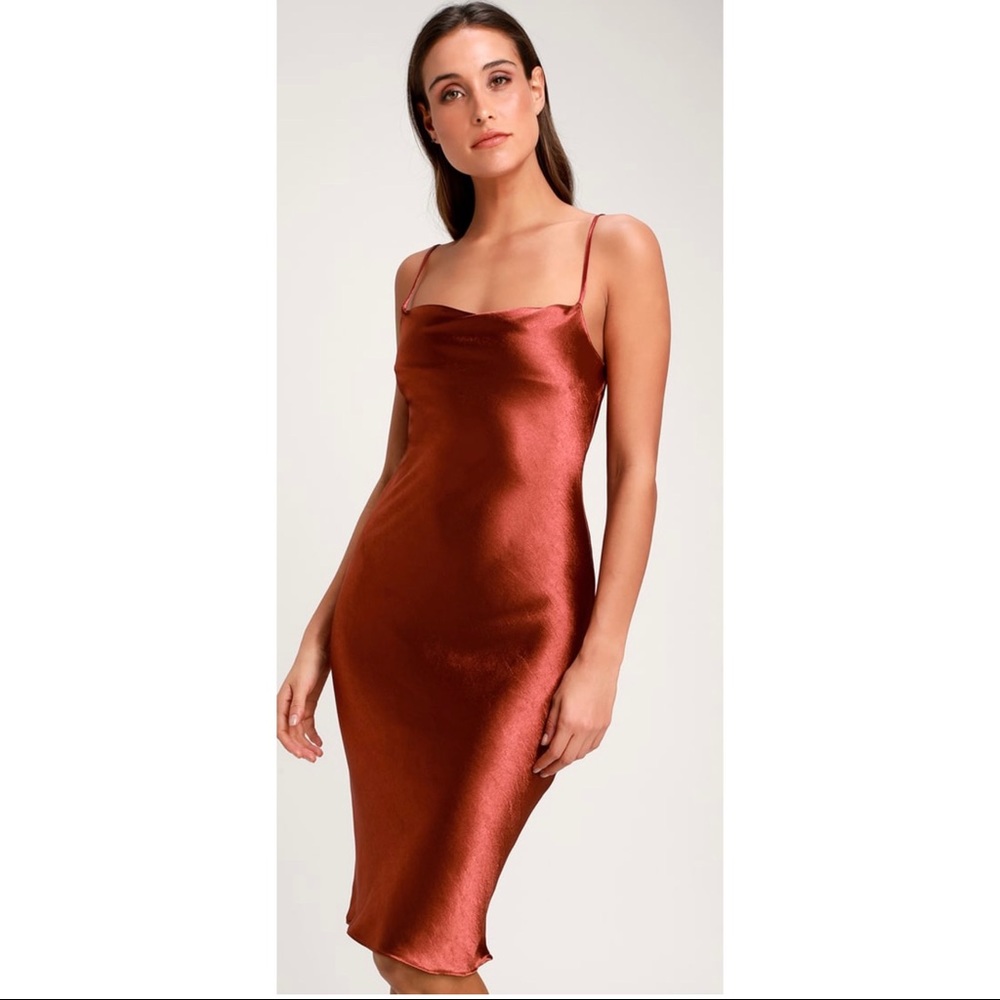 Lulu’s Brazen Babe Copper Satin Cowl Neck Midi Slip Dress